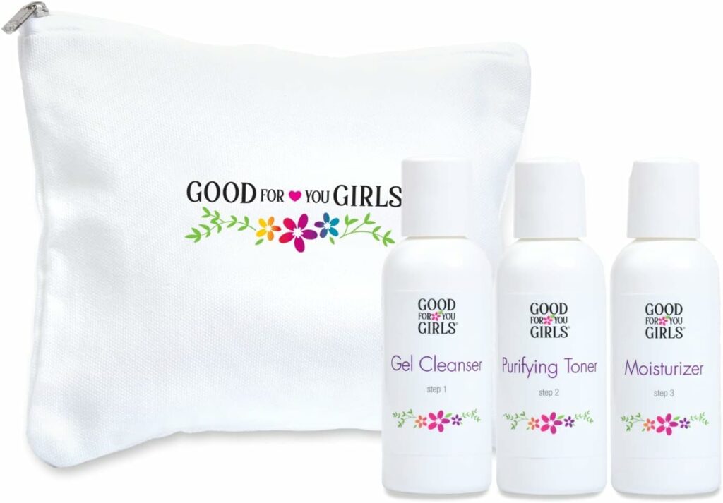 Good For You Girls Three-Step Skincare Kit for Teens, and Preteens looking to start a healthy skincare routine. With natural and organic ingredients free of sulfates, parabens, phthalates, and dyes. Vegan and Gluten-Free.