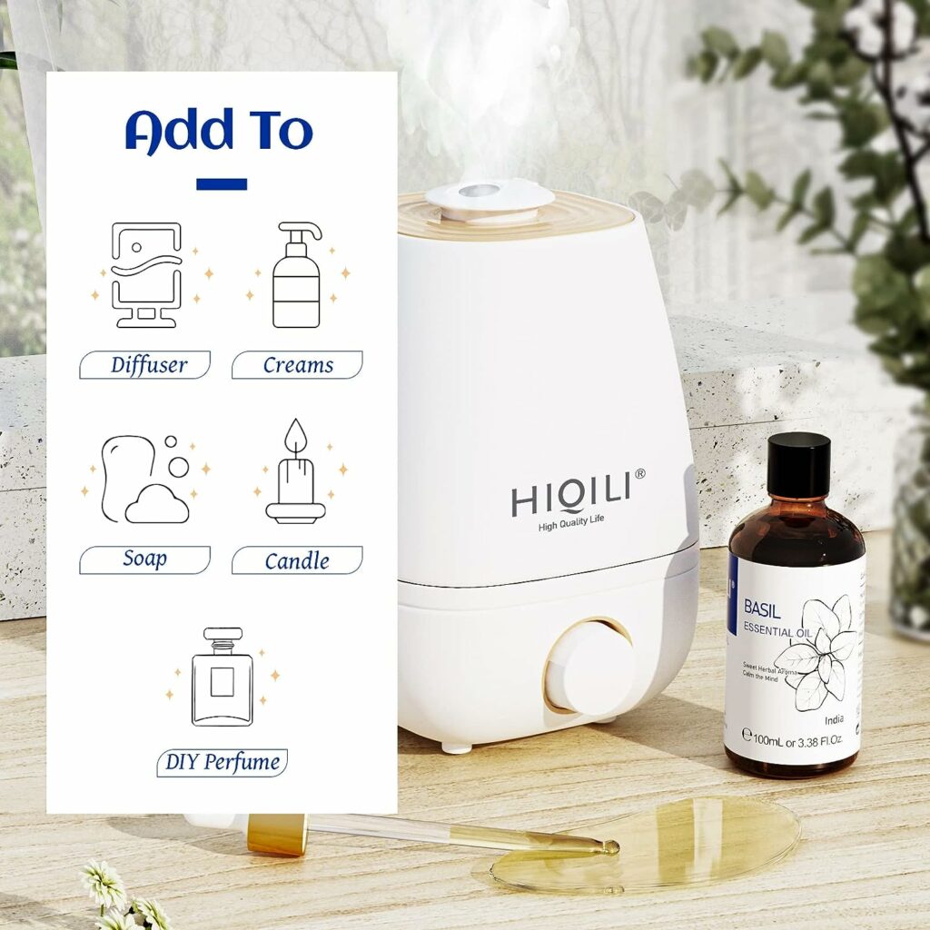 HIQILI Basil Essential Oil,Pure Natural Basil Oil for Skin Massage Diffuser -3.38 Fl Oz.
