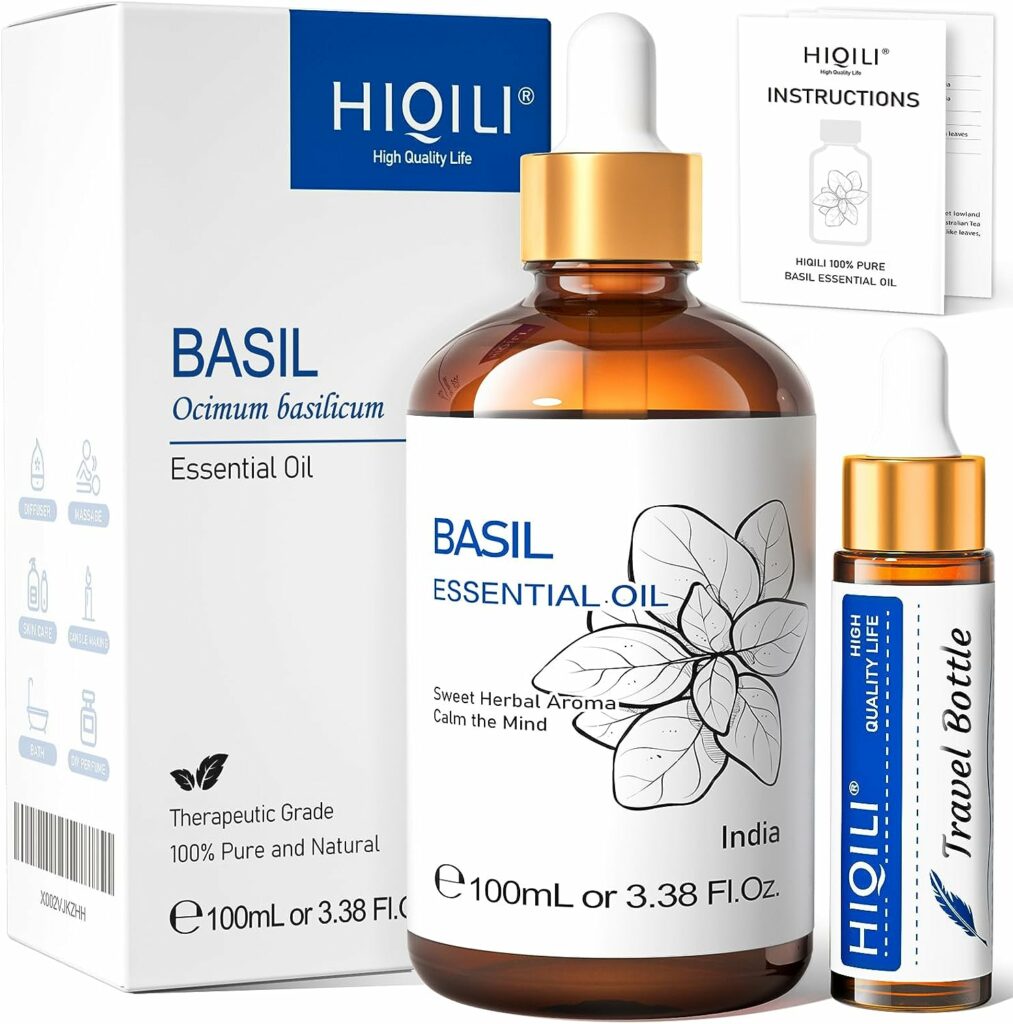 HIQILI Basil Essential Oil,Pure Natural Basil Oil for Skin Massage Diffuser -3.38 Fl Oz.